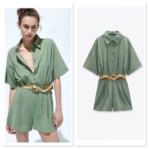 Zara Cotton Blend Braided Belt Short Jumpsuit Sz:L NWT
